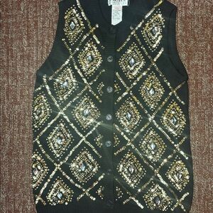 Embellished Black Sleeveless Button-Up Sweater Vest